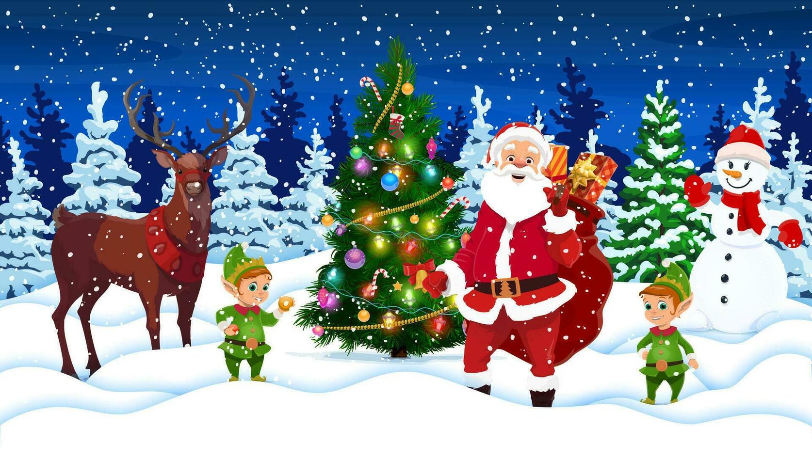 Cartoon Santa with bag, Christmas tree, reindeer vector