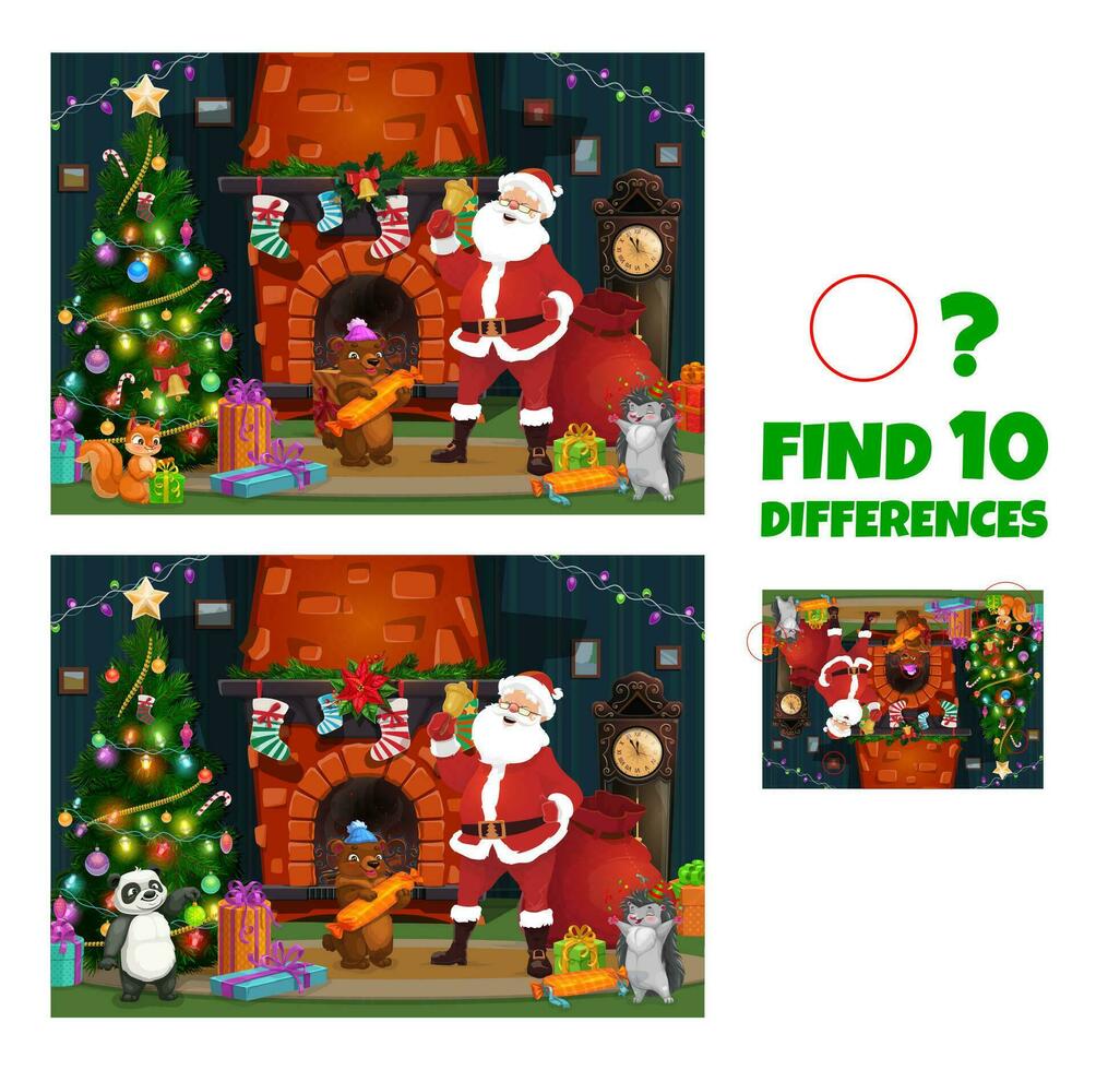 Find ten differences on Christmas interior game vector