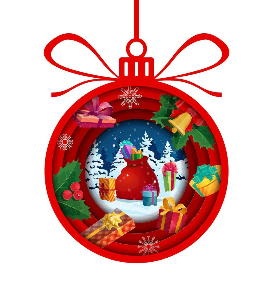 Christmas paper cut bauble with presents on snow vector