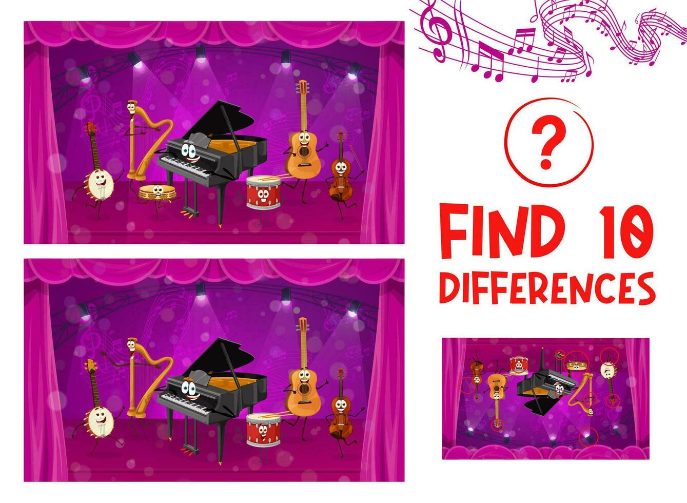Find ten differences, cartoon musical instruments vector