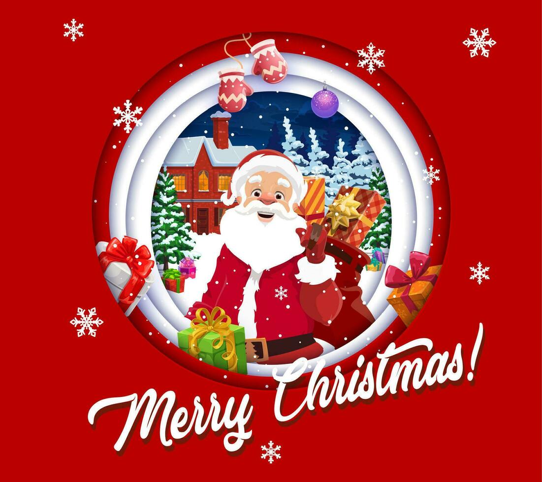 Christmas paper cut greeting with cartoon Santa vector