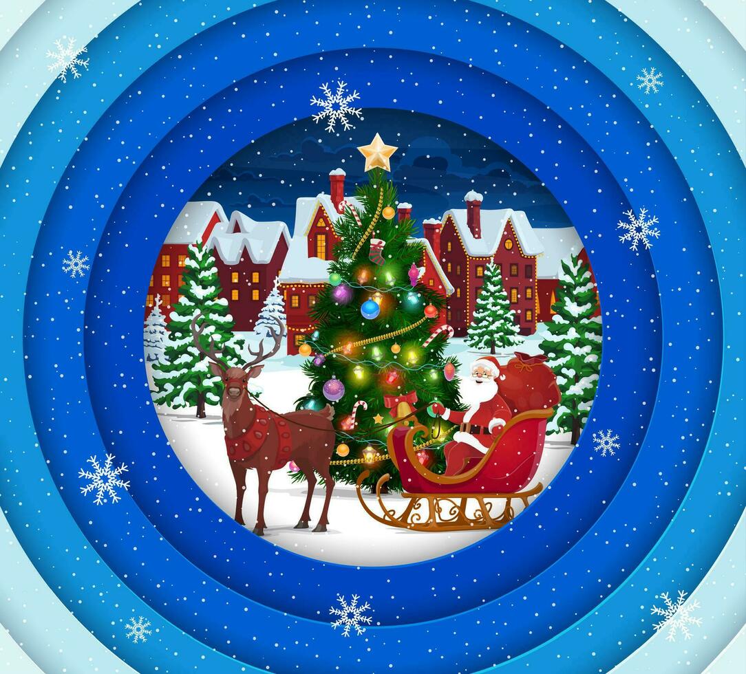 Christmas paper cut banner with Santa on sleigh vector