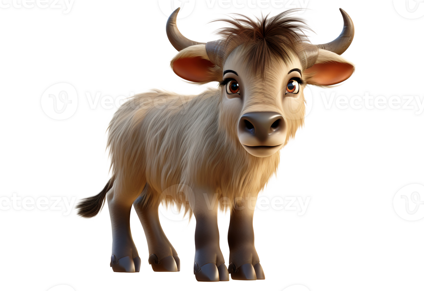 Cute realistic cartoon cub wildebeest. 3D mascot character. AI generative. png