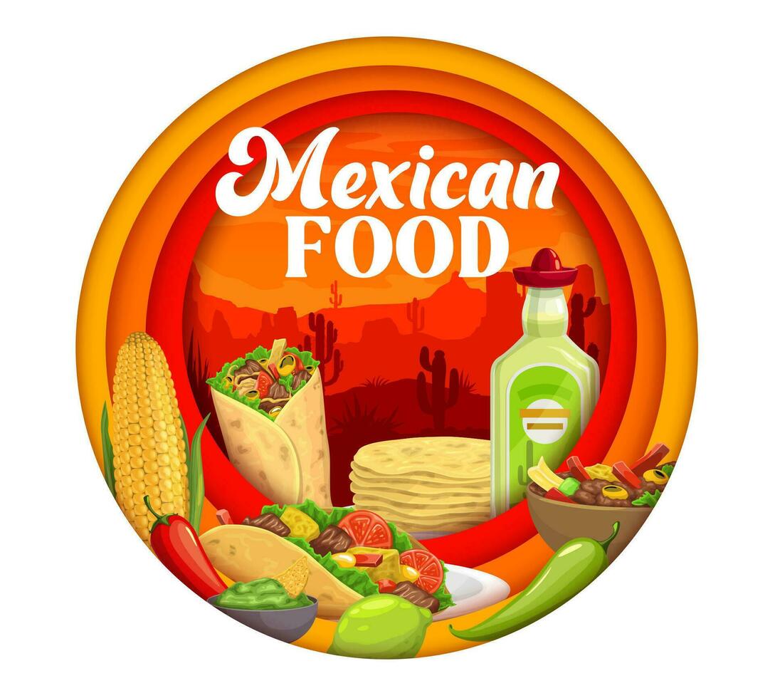 Mexican cuisine paper cut banner, vector 3d frame