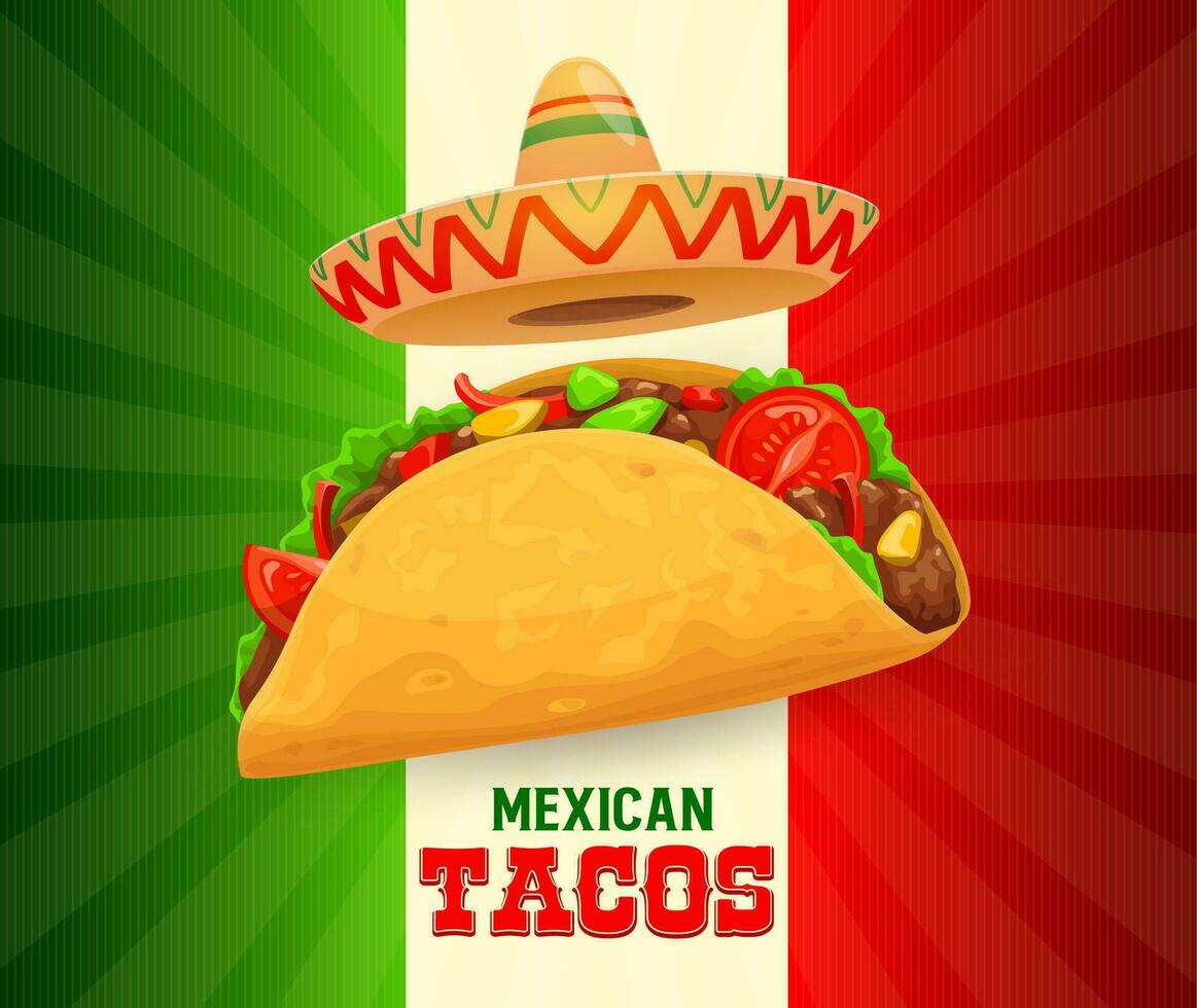 Mexican tacos day banner, sombrero and Mexico flag vector