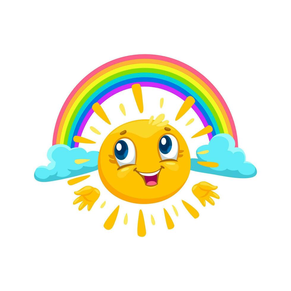 Cartoon sun character with rainbow and clouds vector