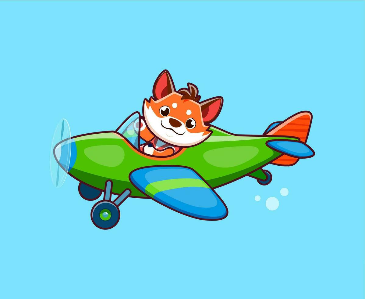 dibujos animados linda zorro animal personaje en avión vector