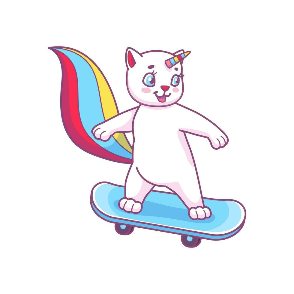 Surfing cute cartoon caticorn cat on skateboard vector