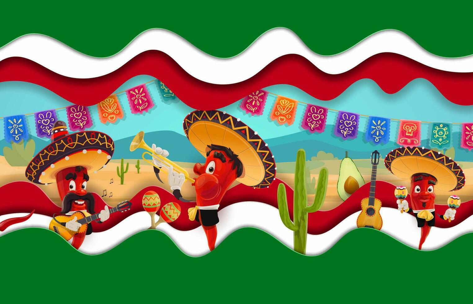 Mexican chili mariachi characters paper cut banner vector