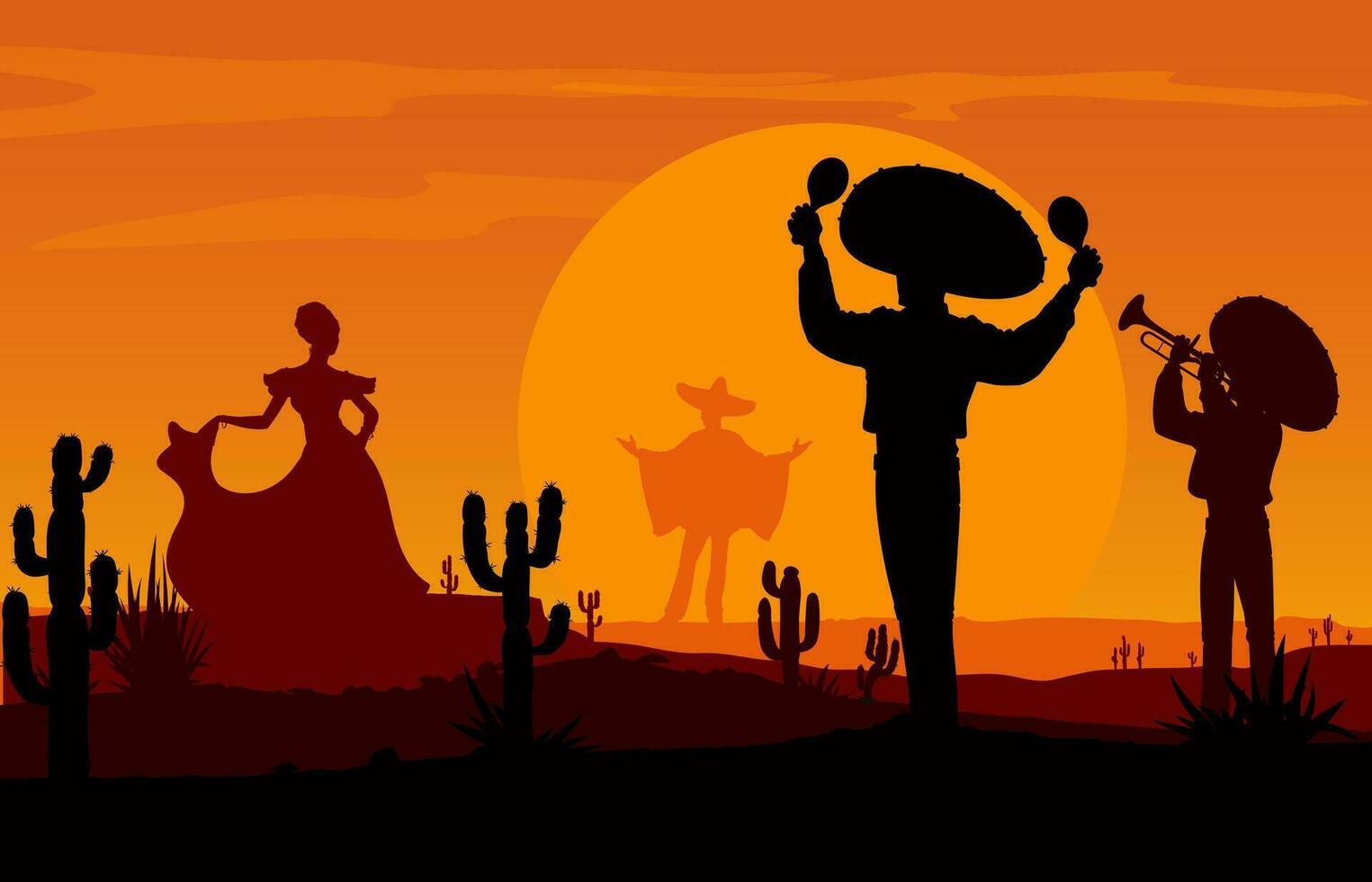 mexicano Mariachi, bailando mujer a Desierto puesta de sol vector