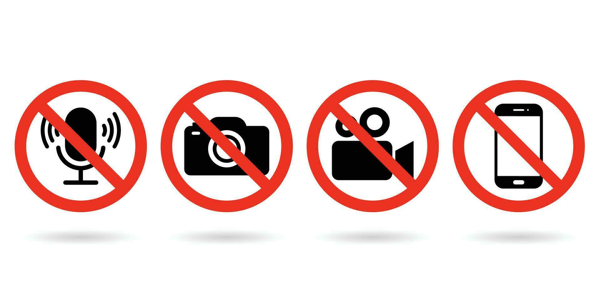 No Video, photo, phone, or sound recording forbidden icons. Photo, video, and phone prohibition symbol sign set. No photographing and filming prohibit icon logo collection. vector