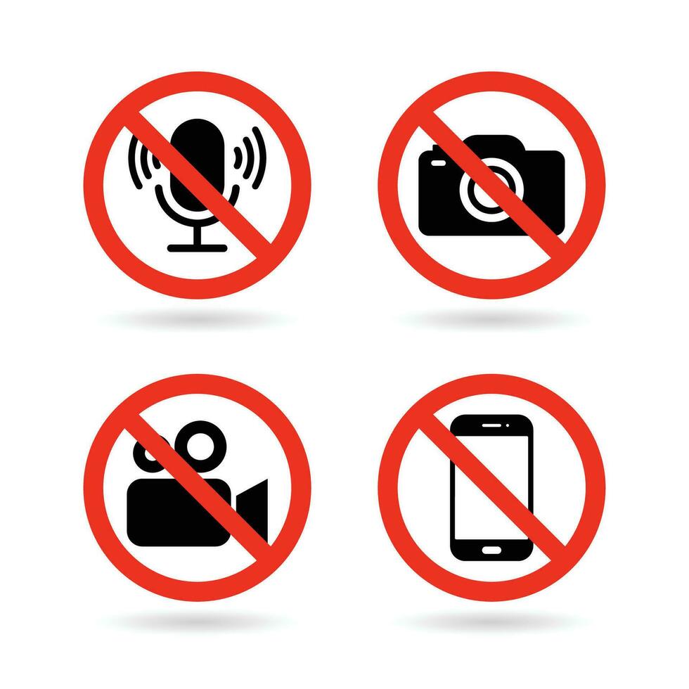 No Video, photo, phone, or sound recording forbidden icons. Photo, video, and phone prohibition symbol sign set. No photographing and filming prohibit icon logo collection. vector