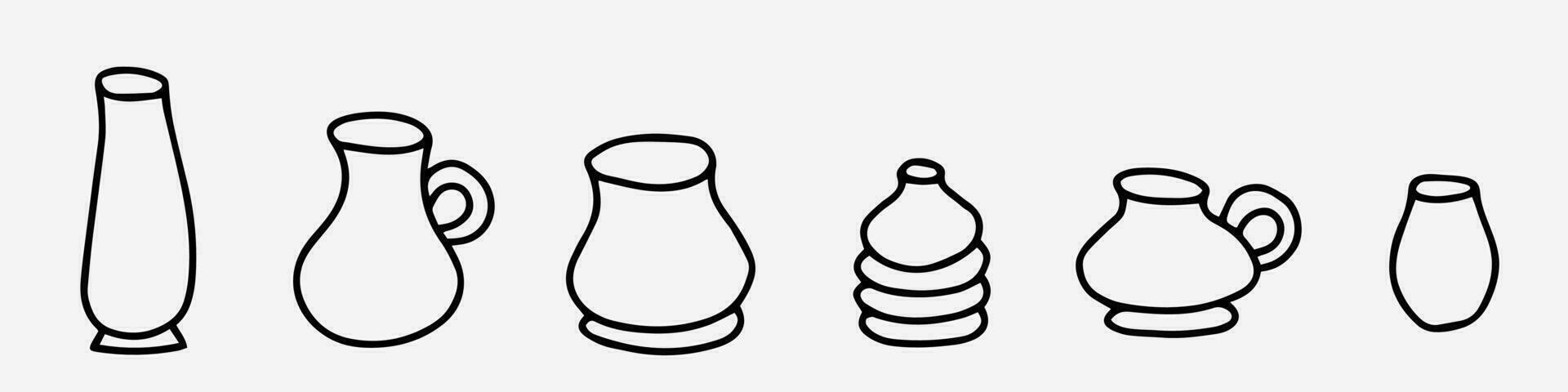 Ceramic dishes are arranged in a row. Comparison of the volume in the education of children. Demonstration of the volume difference. Pottery is an original craft. Contoured ceramic products of shapes vector