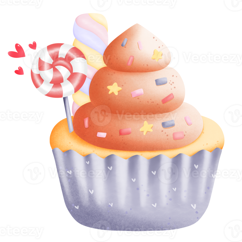 Watercolor cupcakes whipped cream with lollipops and jelly illustrations png
