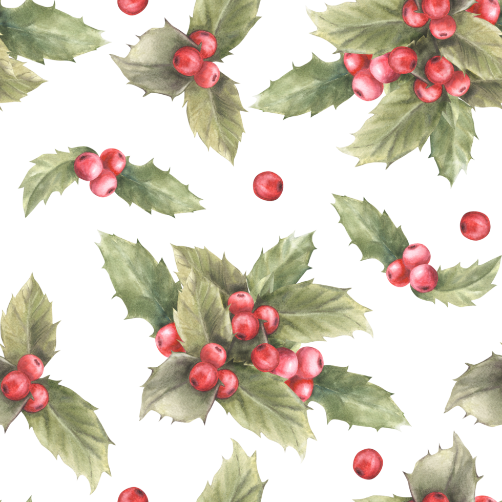 Watercolor painted illustration of red holly leaves and berries. Seamless pattern. Traditional plant for Christmas or New Year decor, gift wrapping, cover art, wallpaper. png