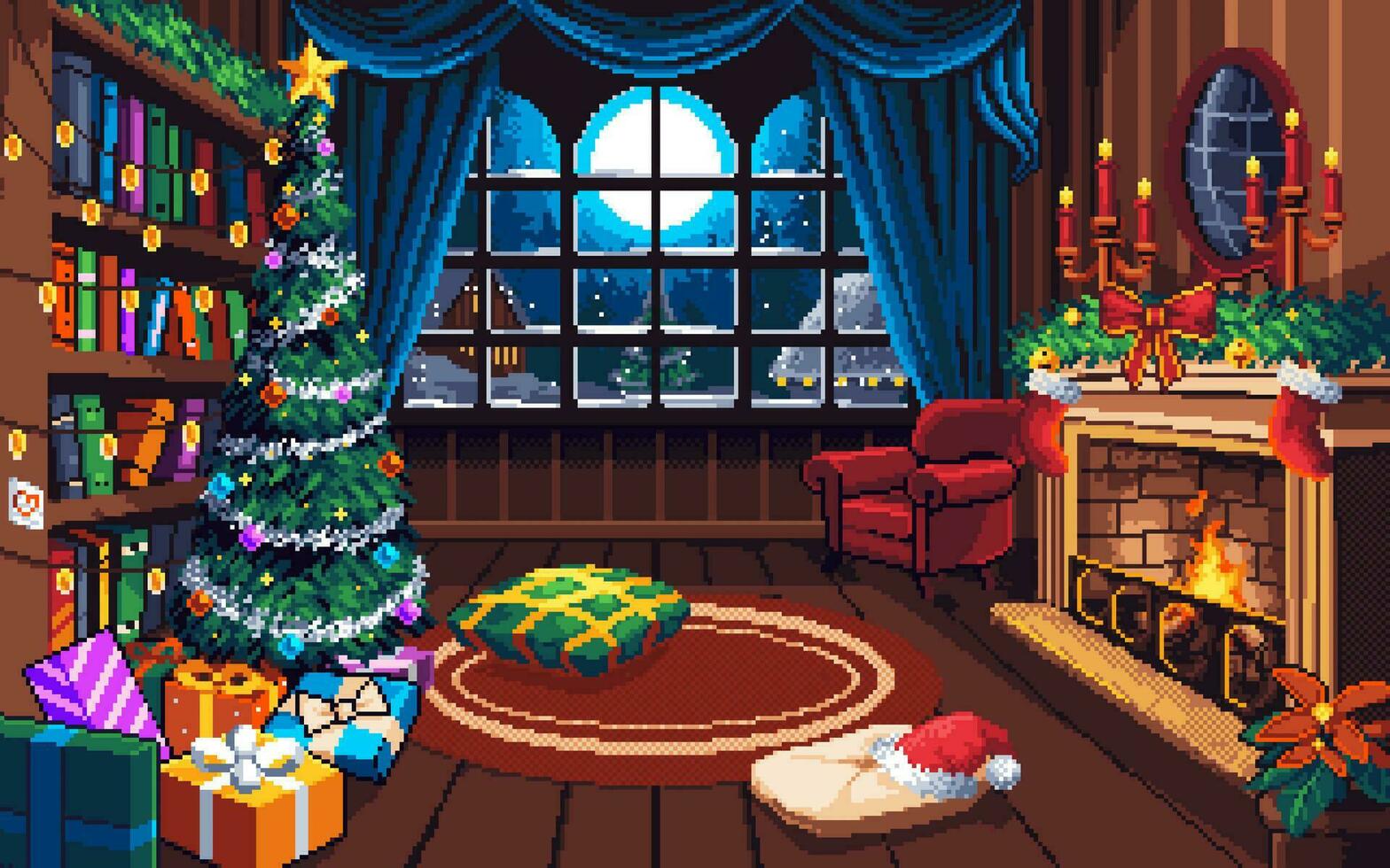 Pixel art illustration Christmas background. Pixelated Christmas. Christmas House Home Background pixelated for the pixel art game and icon for website and video game. old school retro. vector