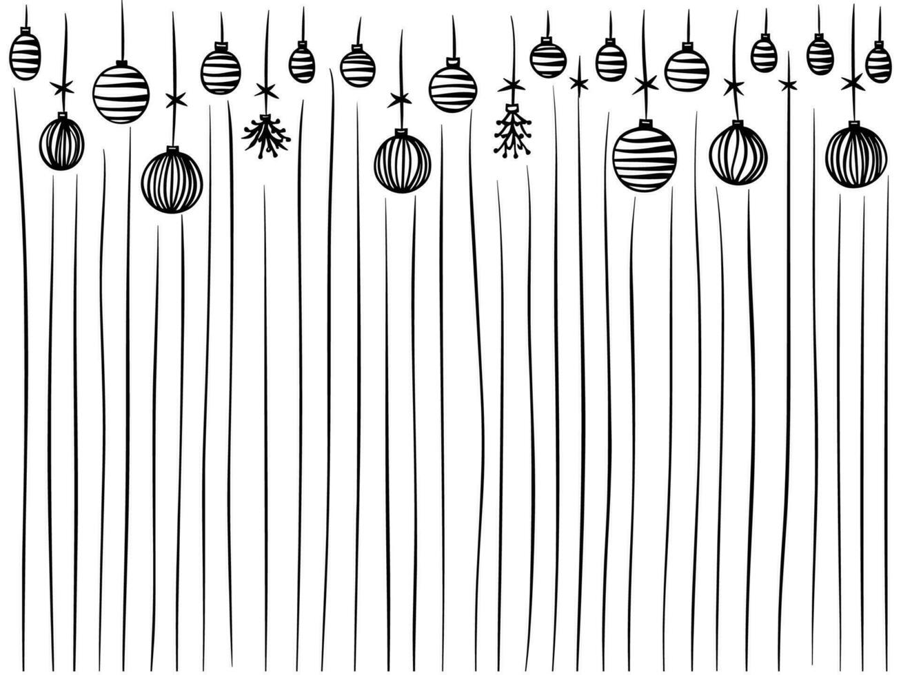 Christmas pattern with fir branches and toys. Sketched holiday garlands and decorations isolated on white background. Hand drawn vector illustration