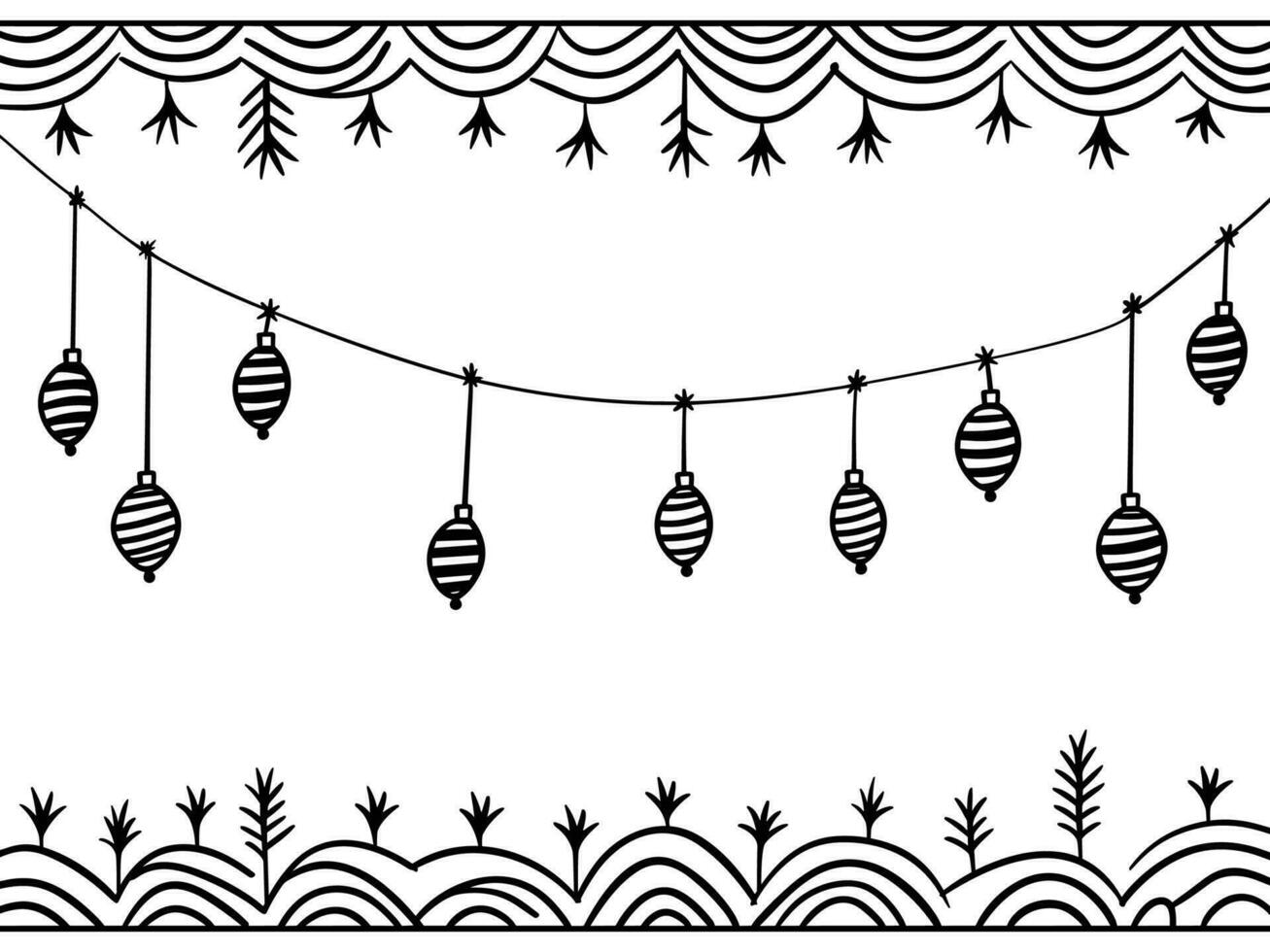 Christmas pattern with fir branches and toys. Sketched holiday garlands and decorations isolated on white background. Hand drawn vector illustration