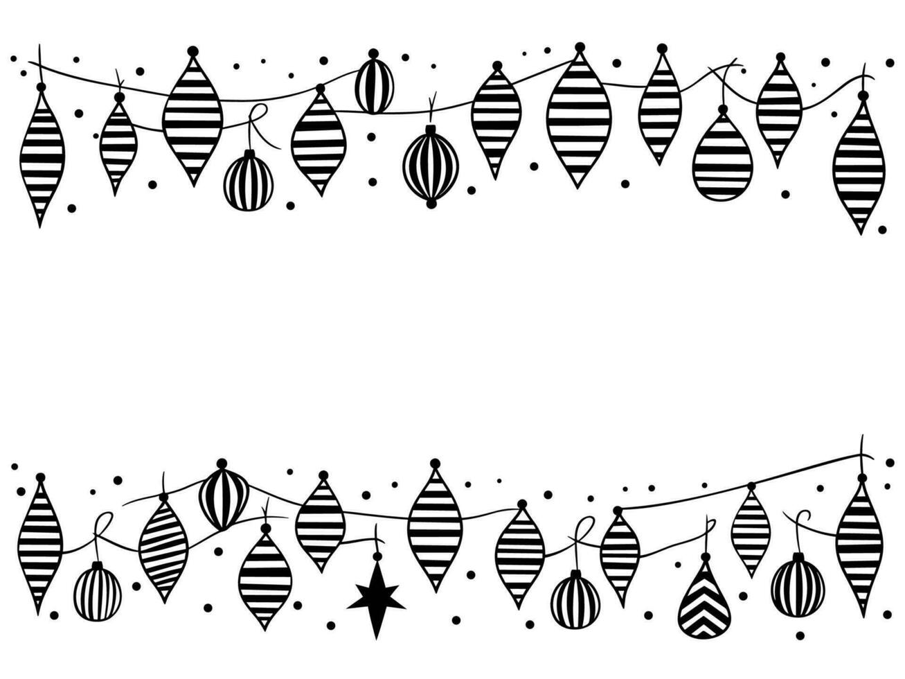 Christmas pattern with fir branches and toys. Sketched holiday garlands and decorations isolated on white background. Hand drawn vector illustration