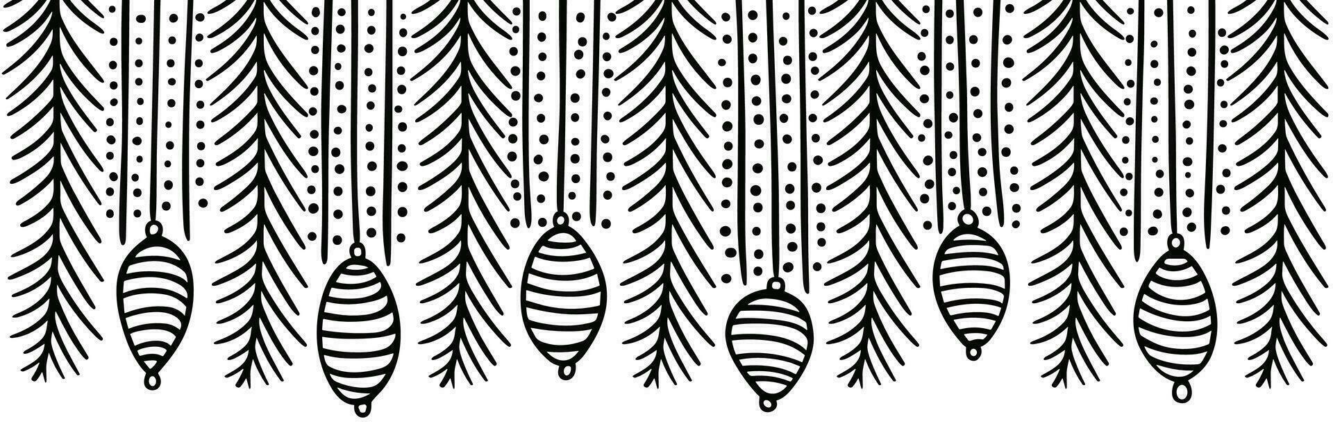 Christmas pattern with fir branches and toys. Sketched holiday garlands and decorations isolated on white background. Hand drawn vector illustration