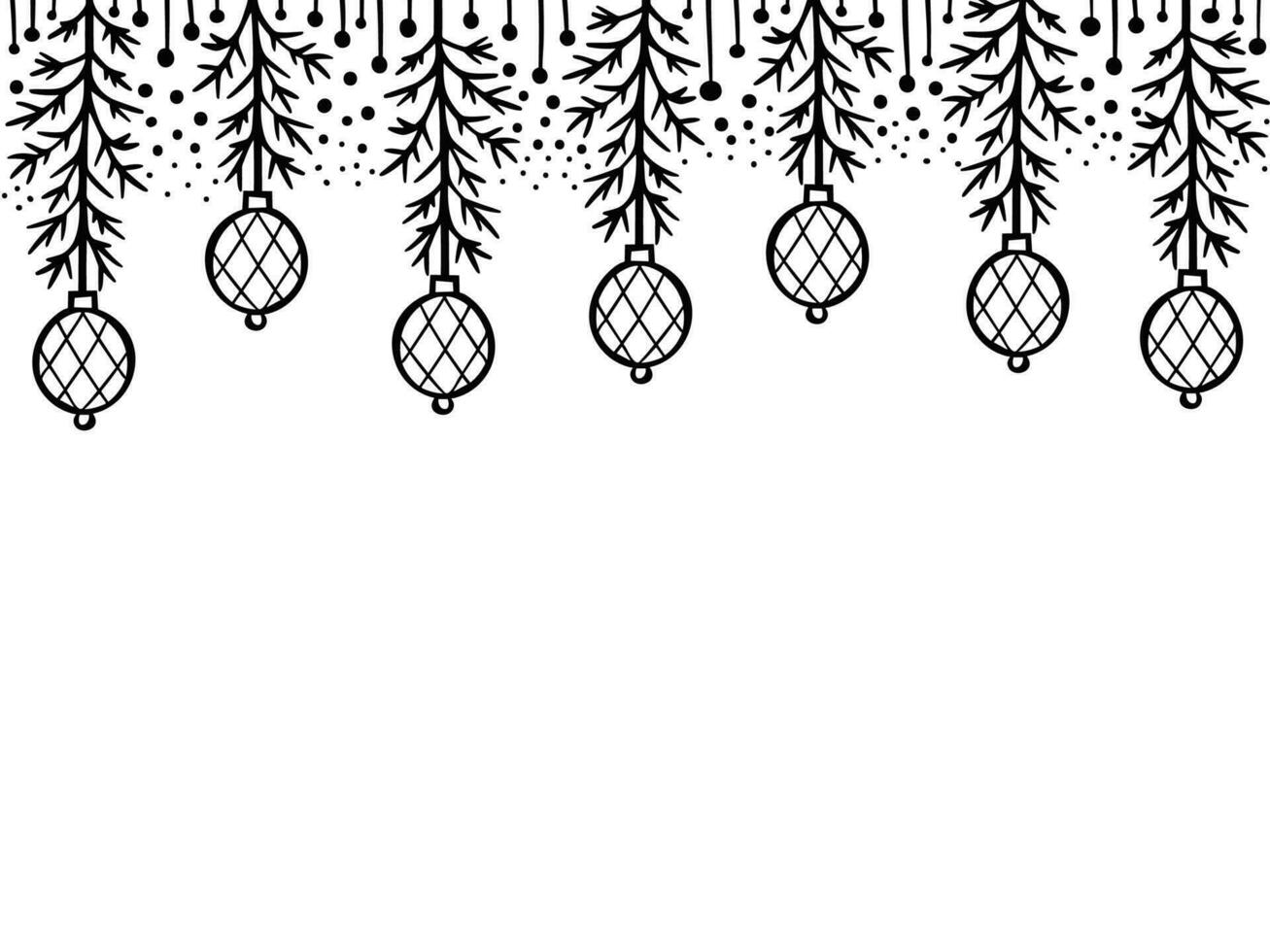 Navidad modelo con abeto ramas y juguetes bosquejado fiesta guirnaldas y decoraciones aislado en blanco antecedentes. mano dibujado vector ilustración