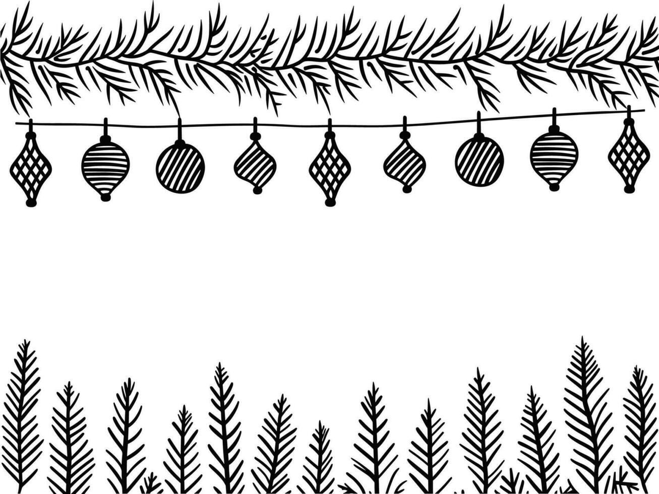 Christmas pattern with fir branches and toys. Sketched holiday garlands and decorations isolated on white background. Hand drawn vector illustration