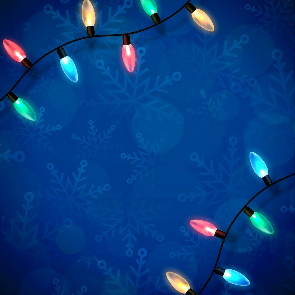 Christmas blue backdrop with lights garland over winter themed pattern with snowflakes and blurred bokeh lights. Festive design element for xmas holiday poster, banner, card or social media posting vector