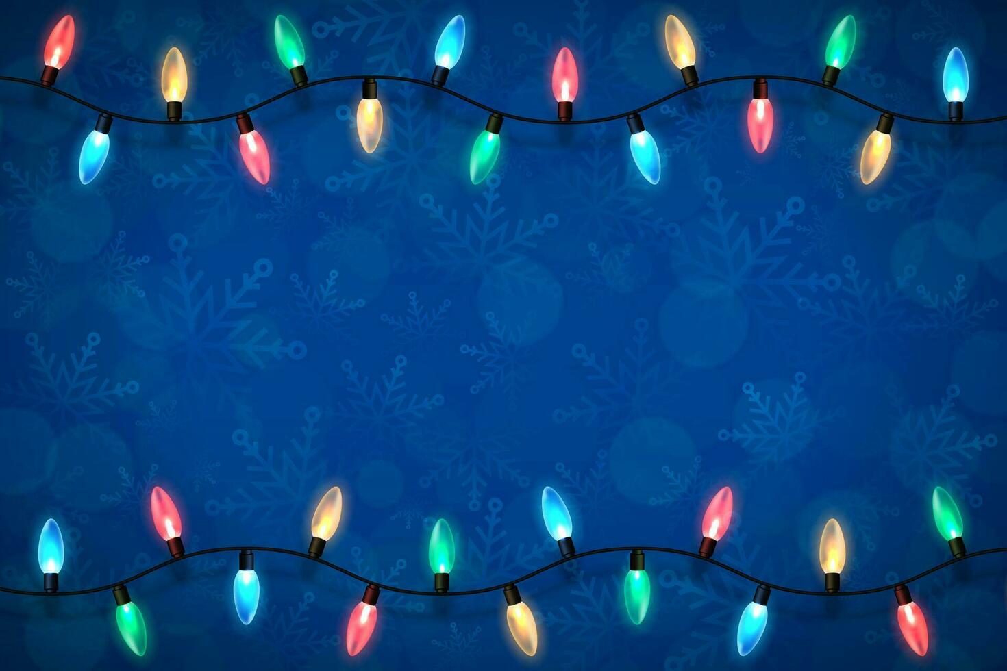 Christmas blue backdrop with lights garland over winter themed pattern with snowflakes and blurred bokeh lights. Festive design element for xmas holiday poster, banner, card or social media posting vector