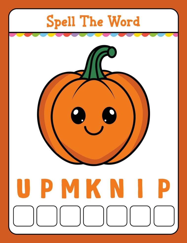 Spelling word scramble game Educational activity for kids with word Pumpkin vector