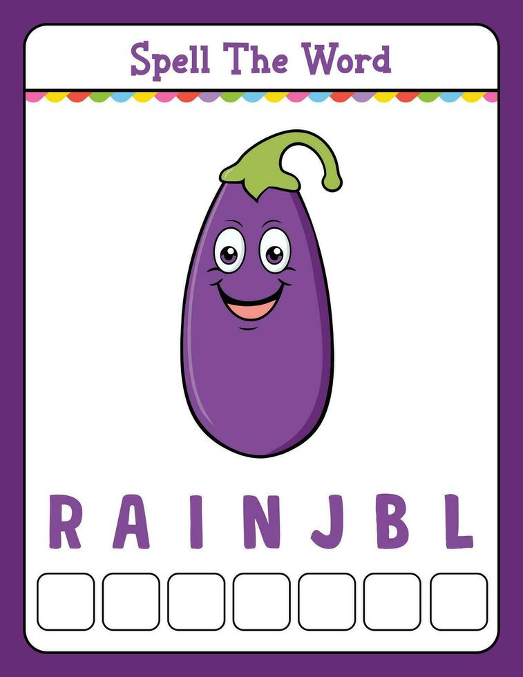 Spelling word scramble game Educational activity for kids with word Brinjal vector