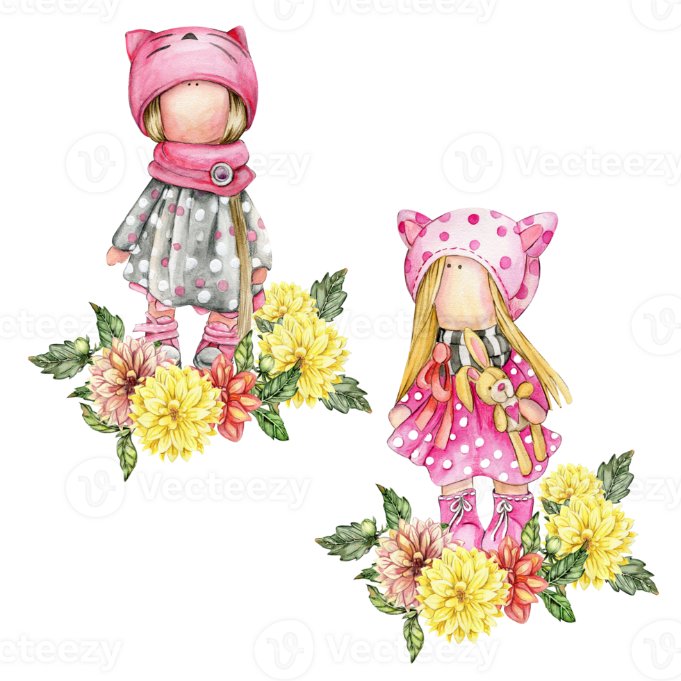 Composition of doll Tilda in dress and dahlia flowers. png