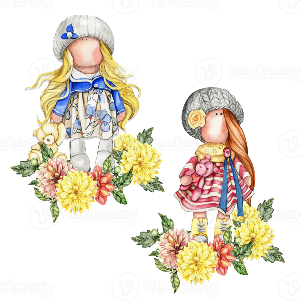 Composition of doll Tilda in dress and dahlia flowers. png