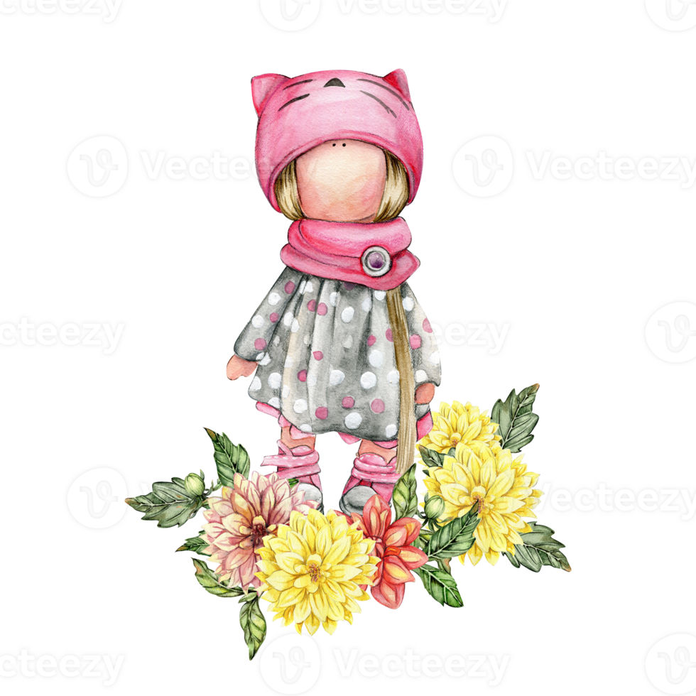 Composition of doll Tilda in dress and dahlia flowers. png