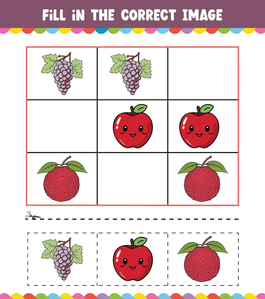Education game for children Fill In The Correct Image with Cute Fruit vector