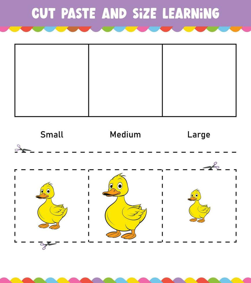 Learning sizes Cut and Paste easy activity worksheet game for children with Cute Animal vector