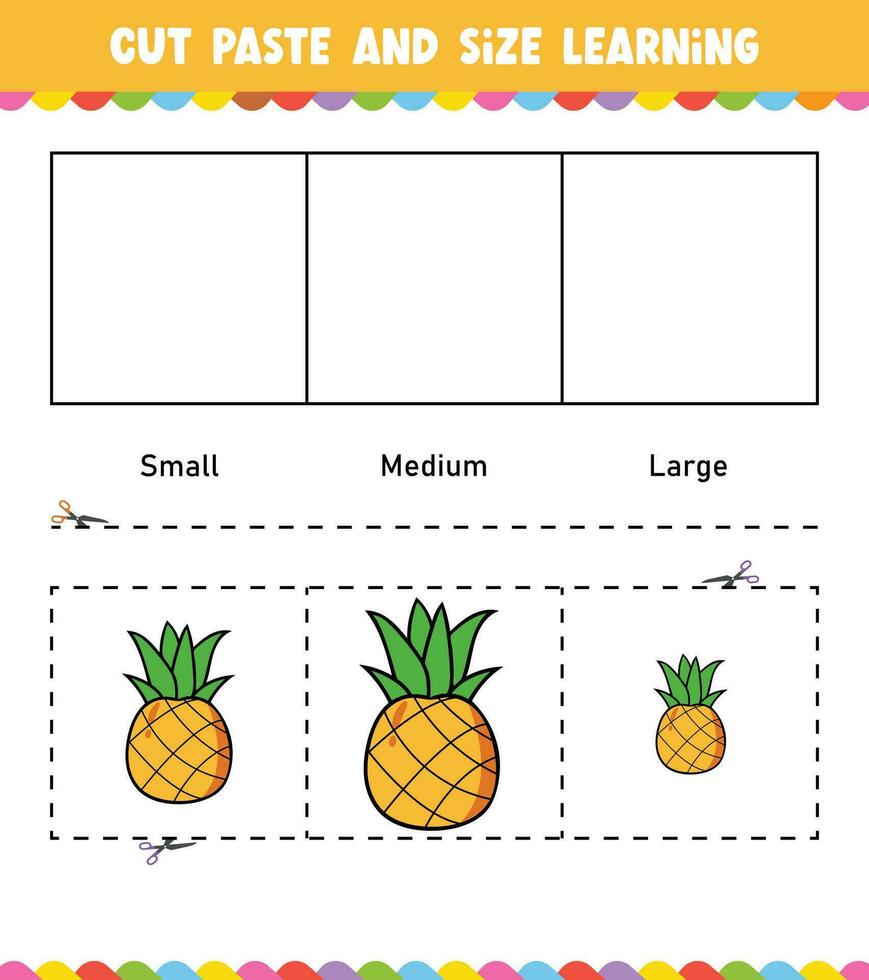 Learning sizes Cut and Paste easy activity worksheet game for children with pineapple vector