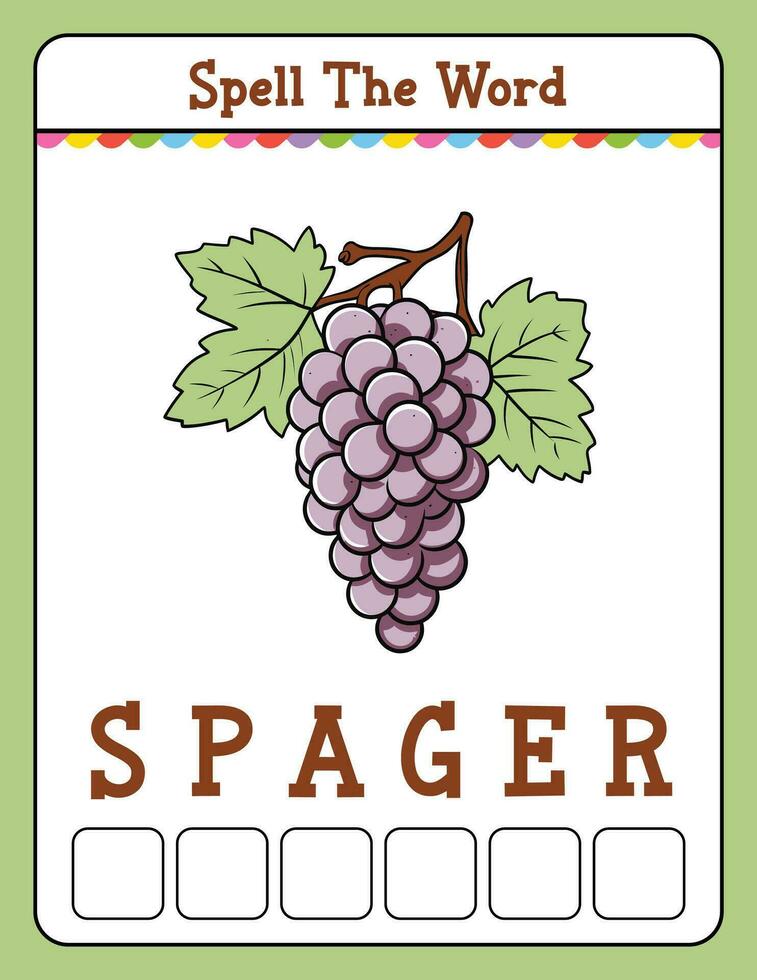 Spelling word scramble game Educational activity for kids with word Grapes vector