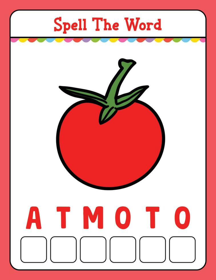 Spelling word scramble game Educational activity for kids with word Tomato vector