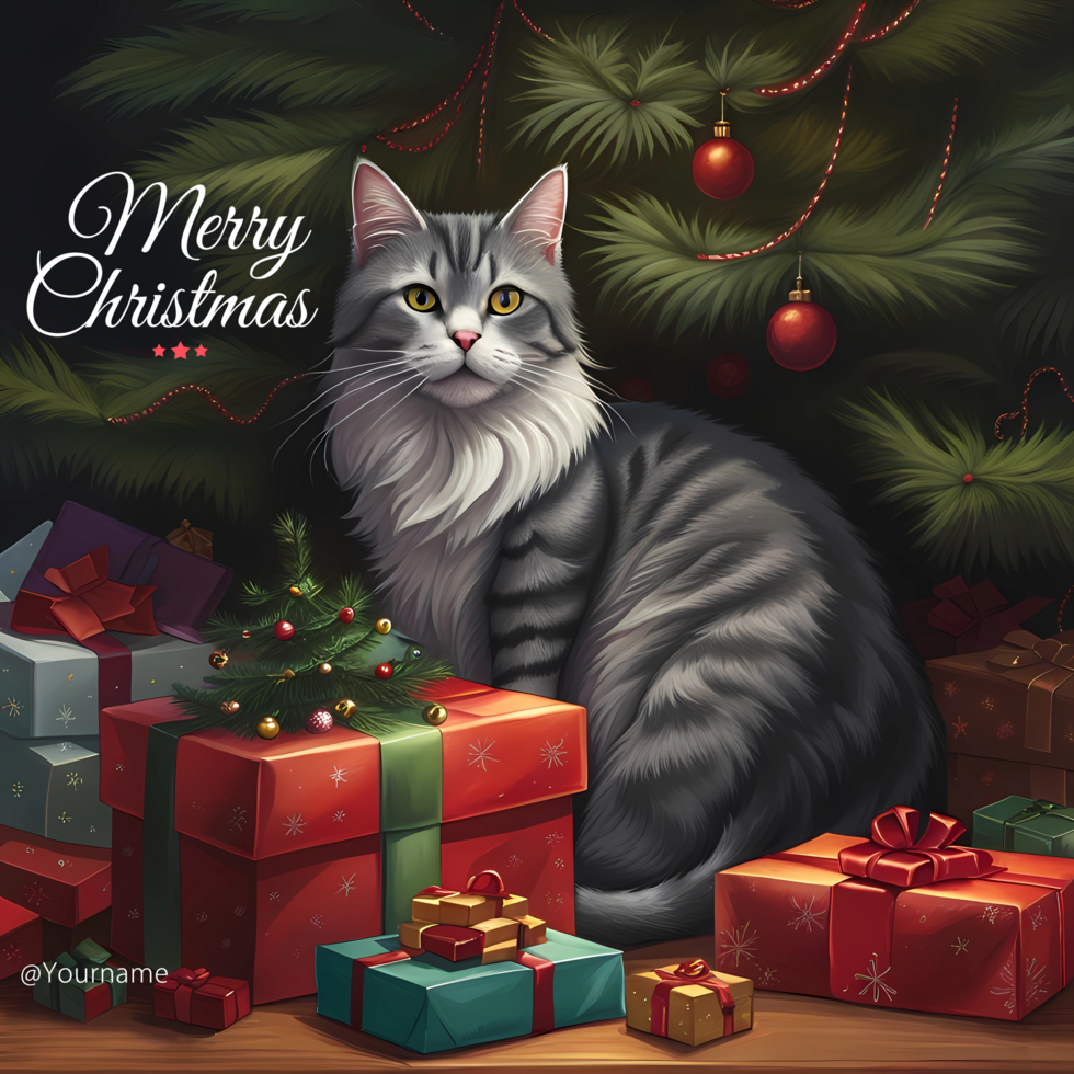 ai generiert fröhlich Weihnachten Karte Vorlage mit Katze, Weihnachten Bäume und die Geschenke psd
