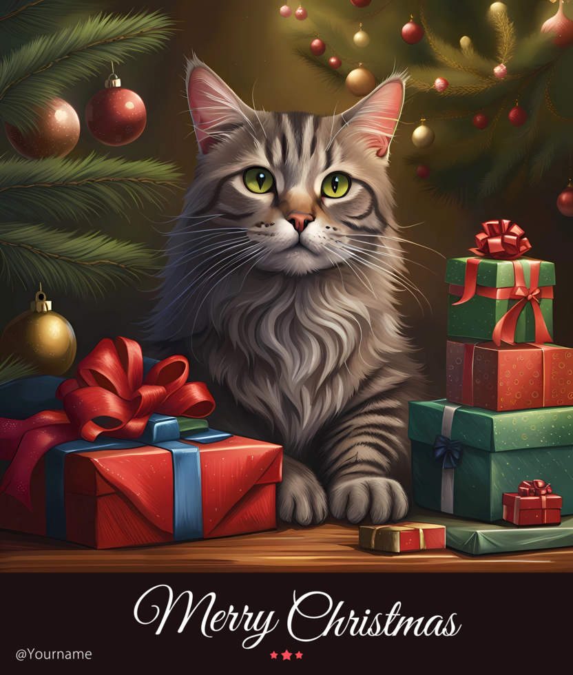 ai gerado alegre Natal cartão modelo com gato, Natal árvores e apresenta psd
