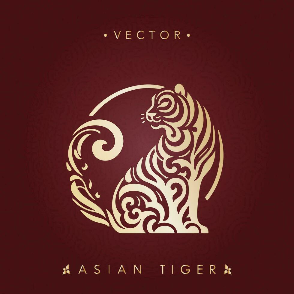 Circular Golden Tiger with Swirl Elements vector