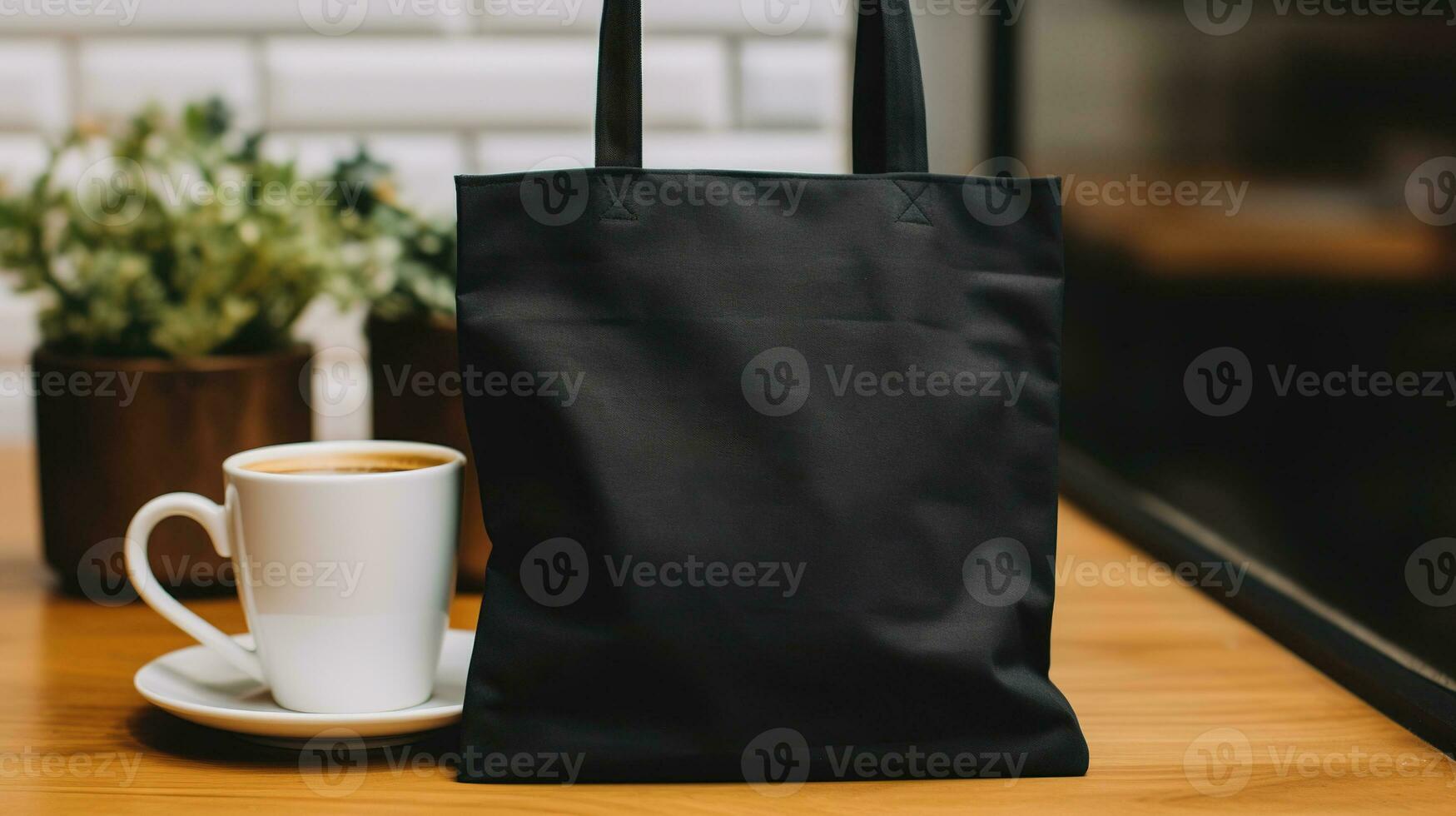 AI generated Generative AI, Realistic black tote canvas fabric bag set-up in at cafe, coffee shop interior, mock up blank. photo