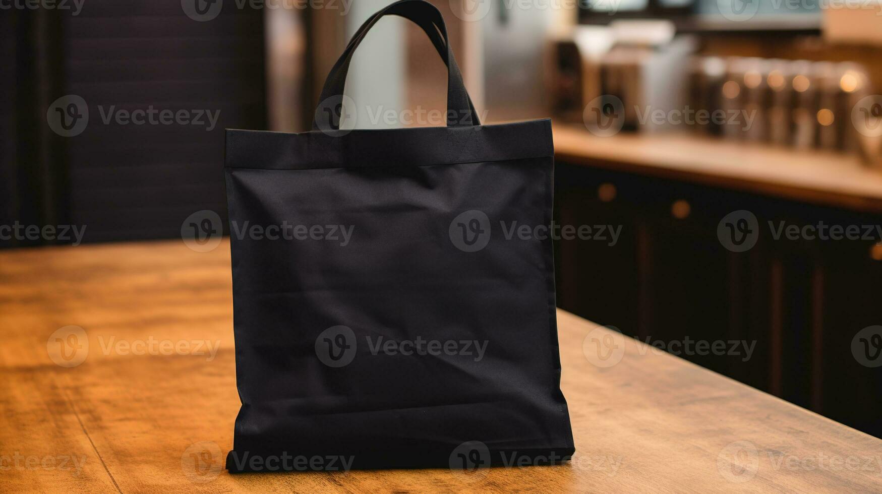 AI generated Generative AI, Realistic black tote canvas fabric bag set-up in at cafe, coffee shop interior, mock up blank. photo