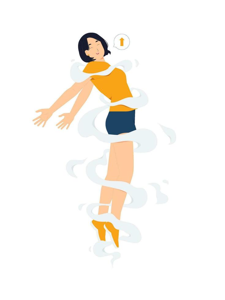Freedom, flying up, levitating, free falling, woman hovering in mid air with raised hands as wings concept illustration vector