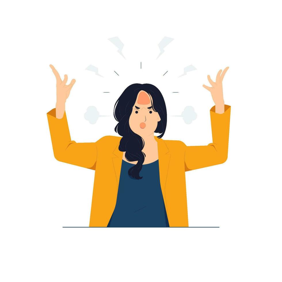 Angry frustrated businesswoman screaming with brain explosion, stressed, mad, upset, mental health problem, anger management concept illustration vector