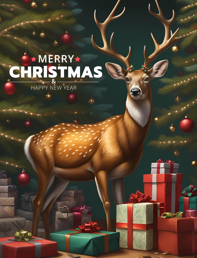 ai gerado alegre Natal poster modelo com cervo, Natal árvores e apresenta psd