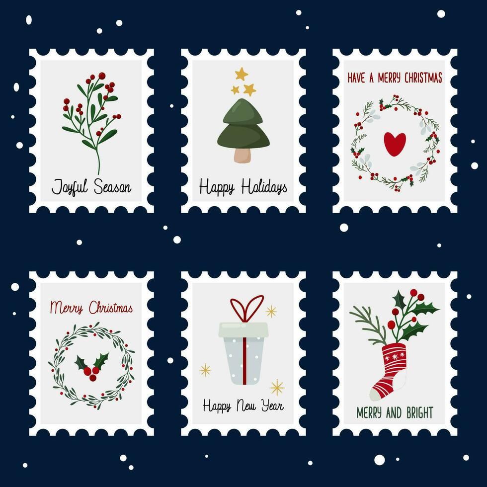 Set of Christmas stamps set with holly wreath, fir tree, and other christmas symbols vector