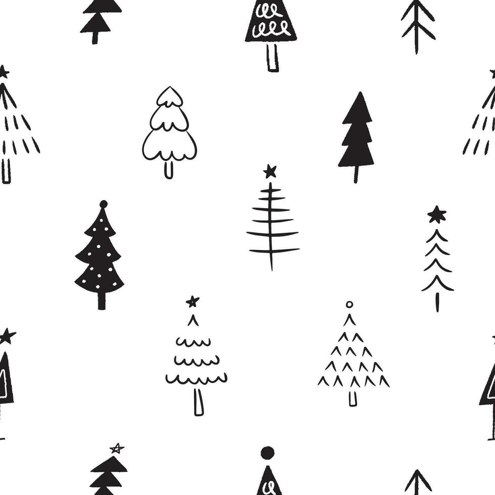 Hand drawn Christmas trees collection. Seamless vector pattern. Set doodle woods isolated on white background