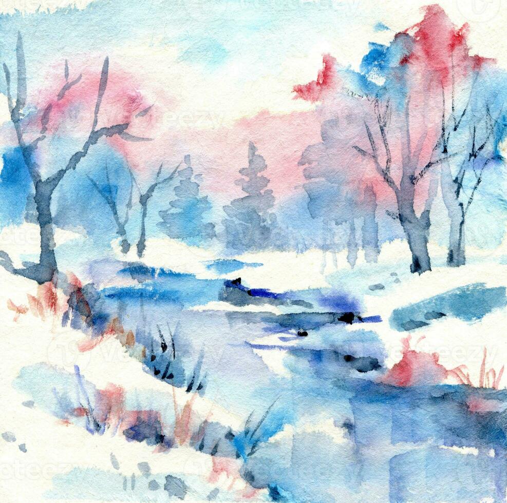 Watercolor painting Winter rural landscape with frozen river. Christmas illustration. photo