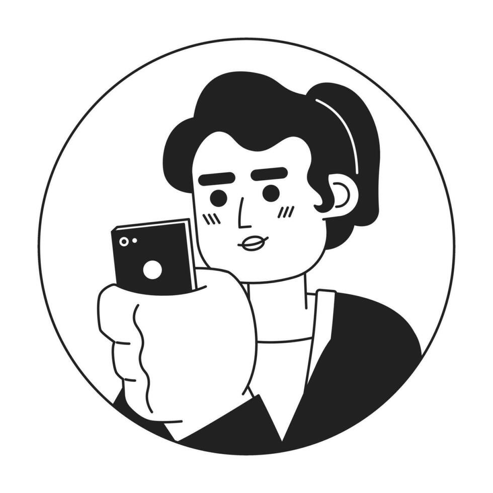 Smartphone woman hispanic mid adult black and white 2D vector avatar illustration. Phone scrolling latina professional outline cartoon character face isolated. Mobile internet user flat portrait